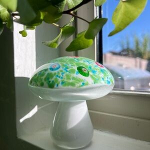 Glass Mushroom Paperweight with Green and Blue Accents